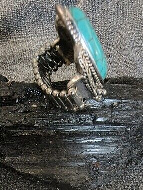 Turquoise Stone Silver-Tone Stretch Ring And Bracelet